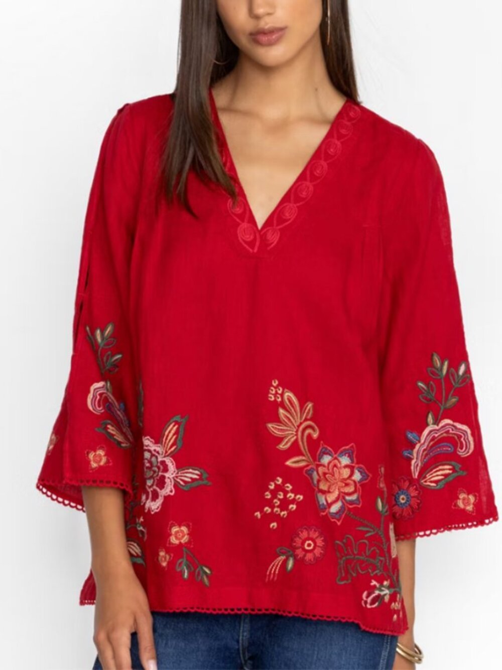 Johnny Was Red Floral Embroidered Linen Blouse Size M